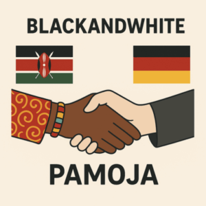Das Logo von BlackAndWhite zeigt die Flaggen Kenias und Deutschlands über zwei Händen, die sich in der Mitte zur Begrüßung reichen. Die linke, weiblich Hand trägt ein farbenfrohes Armband und symbolisiert Kenia, die rechte, männliche Hand ist in einem dunklen Anzug dargestellt und steht für Deutschland. Über den Händen steht der Schriftzug ‚BLACKANDWHITE‘, darunter ‚PAMOJA‘. Das Motiv vermittelt Zusammenhalt und Partnerschaft.
