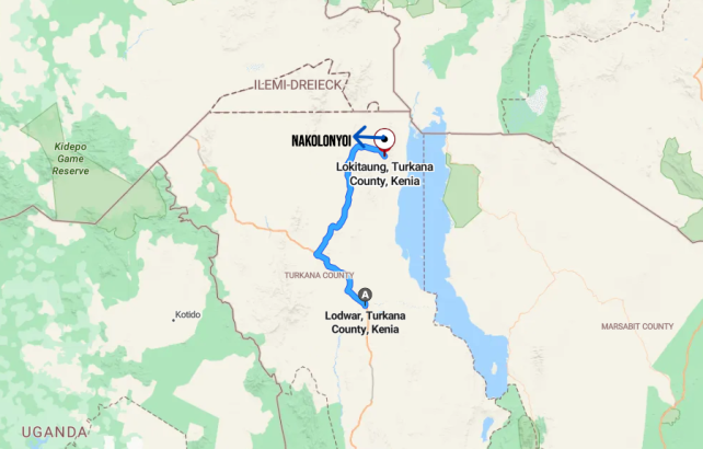 Karte mit der Fahrroute von Lodwar nach Lokitaung in Turkana County, Kenya, markiert durch eine blaue Linie entlang des Lake Turkana, mit umliegenden Ländern wie Uganda und South Sudan.